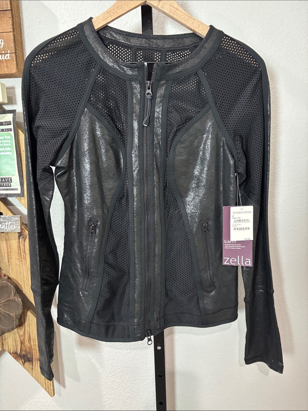 Zella Black Perforated Faux-Leather Zip Front Jacket pp18-22 L23 best shaping!